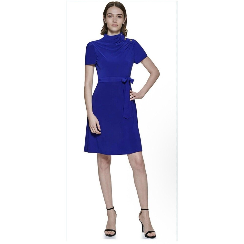 DKNY Womens Blue Belted Funnel Neck, Flare Dress Size 6 NWT missing 1 Button